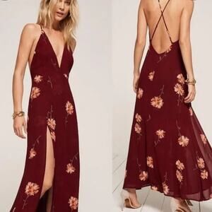 NWT Reformation Renee Auburn Floral Print High Slit Maxi Dress Burgundy Sz Small